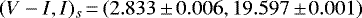 Mathematical equation: $(V-I, I)_s\,{=}\,(2.833\,{\pm}\,0.006, 19.597\,{\pm}\,0.001)$