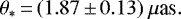 Mathematical equation: \begin{equation*}\theta_*\,{=}\,(1.87\,{\pm}\,0.13)~\mu{\textrm{as}}.\end{equation*}