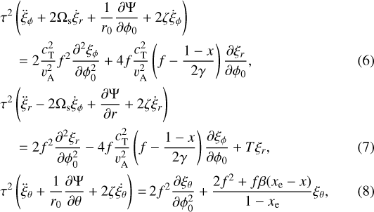 Mathematical equation: \begin{eqnarray}&& {\hspace*{-6.5pt}}\tau^{2} \left(\ddot{\xi}_{\phi} + 2\Omega_{\textrm{s}} \dot{\xi}_{r} + \frac{1}{r_{0}}\frac{\partial \Psi}{\partial \phi_{0}} + 2 \zeta \dot{\xi}_{\phi} \right) \nonumber\\&& {\hspace*{-6.5pt}}\quad = 2 \frac{c_{\textrm{T}}^{2}}{v_{\textrm{A}}^{2}} f^{2} \frac{\partial^{2} \xi_{\phi}}{\partial \phi_{0}^{2}} + 4f \frac{c_{\textrm{T}}^{2}}{v_{\textrm{A}}^{2}} \left(f - \frac{1-x}{2\gamma} \right) \frac{\partial \xi_{r}}{\partial \phi_{0}}, \\&& {\hspace*{-6.5pt}}\tau^{2} \left(\ddot{\xi}_{r} - 2\Omega_{\textrm{s}} \dot{\xi}_{\phi} + \frac{\partial \Psi}{\partial r} + 2 \zeta \dot{\xi}_{r} \right) \nonumber \\&& {\hspace*{-6.5pt}}\quad = 2 f^{2} \frac{\partial^{2} \xi_{r}}{\partial \phi_{0}^{2}} -4f \frac{c_{\textrm{T}}^{2}}{v_{\textrm{A}}^{2}} \left(f - \frac{1-x}{2\gamma} \right) \frac{\partial \xi_{\phi}}{\partial \phi_{0}} + T \xi_{r},\\&& {\hspace*{-6.5pt}} \tau^{2} \left(\ddot{\xi}_{\theta} + \frac{1}{r_{0}}\frac{\partial \Psi}{\partial \theta} +2 \zeta \dot{\xi_{\theta}} \right)\,{=}\, 2 f^{2} \frac{\partial \xi_{\theta}}{\partial \phi_{0}^{2}} + \frac{2 f^{2}+ f\beta(x_{\textrm{e}} -x)}{1-x_{\textrm{e}}} \xi_{\theta},\end{eqnarray}