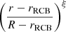 Mathematical equation: $ \left(\frac{r- {r}_{\mathrm{RCB}}}{R- {r}_{\mathrm{RCB}}}\right)^\xi $
