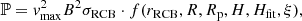 Mathematical equation: $$ \begin{aligned} \mathbb{P} = v_{\rm max}^2 B^2 \sigma _{\rm RCB} \cdot f(r_{\rm RCB},R, R_{\rm p}, H, H_{\rm fit},\xi ), \end{aligned} $$