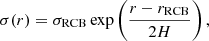 Mathematical equation: $$ \begin{aligned} \sigma (r) = {\sigma }_{\rm RCB} \exp \left(\frac{r- {r}_{\rm RCB}}{2 H}\right), \end{aligned} $$