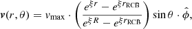Mathematical equation: $$ \begin{aligned} \boldsymbol{v}(r,\theta )= {v}_{\rm max}\cdot \left(\frac{e^{ \xi r}-e^{\xi {r}_{\rm RCB}}}{e^{ \xi R}-e^{\xi {r}_{\rm RCB}}}\right)\sin \theta \cdot \hat{\phi }, \end{aligned} $$