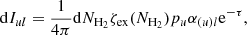 Mathematical equation: $$ \begin{aligned} \mathrm{{d}}I_{ul} = \frac{1}{4 \pi } \mathrm{{d}}N_{\rm H_2} \zeta _{\rm ex}(N_{\rm H_2}) p_{u} \alpha _{(u)l} \mathrm{e} ^{-\tau } ,\end{aligned} $$