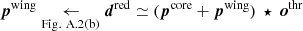 Mathematical equation: $ \boldsymbol{p}^\text{wing} \underset{\rm Fig.\ A.2(b)}{\leftarrow} \boldsymbol{d}^\text{red}\simeq (\boldsymbol{p}^\text{core}+\boldsymbol{p}^\text{wing})\ \star\ \boldsymbol{o}^\text{thr} $