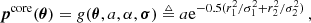 Mathematical equation: $$ \begin{aligned} {{{\boldsymbol{p}}}^{\text{core}}}({{\boldsymbol{\theta }}}) = g({{\boldsymbol{\theta }}}, a, \alpha , {{\boldsymbol{\sigma }}}) \triangleq a \mathrm{e} ^{-0.5( {r_{1}^{2}}/{\sigma _{1}^{2}} + {r_{2}^{2}}/{\sigma _{2}^{2}})} \,, \end{aligned} $$