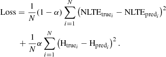 Mathematical equation: $$ \begin{aligned}&\mathrm{Loss} =\frac{1}{N} (1-\alpha ) \sum _{i=1}^{N} \left( \mathrm{NLTE}_{\mathrm{true}_i} - \mathrm{NLTE}_{\mathrm{pred}_i} \right)^2\nonumber \\&\qquad \ \ + \frac{1}{N} \alpha \sum _{i=1}^{N} \left( \mathrm{H}_{\mathrm{true}_i} - \mathrm{H}_{\mathrm{pred}_i} \right)^2 . \end{aligned} $$