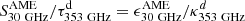 Mathematical equation: $ S^\mathrm{AME}_\mathrm{30\ GHz}/\tau^\mathrm{d}_\mathrm{353\ GHz} = \epsilon^\mathrm{AME}_{\mathrm{30\ GHz}}/\kappa^d_\mathrm{353\ GHz} $