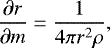Mathematical equation: \begin{equation*}\frac{\partial r}{\partial m} = \frac{1}{4\pi r^{2} \rho},\end{equation*}
