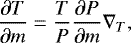 Mathematical equation: \begin{equation*}\frac{\partial T}{\partial m} = \frac{T}{P}\frac{\partial P}{\partial m}\nabla_{T},\end{equation*}