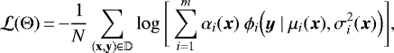 Mathematical equation: \begin{equation*}\mathcal{L}(\Theta)\,{=}\,{-}\frac{1}{N}\sum_{(\mathbf{x},\mathbf{y})\in\mathbb{D}}\log\Bigg{[}\sum_{i=1}^{m}\alpha_{i}({\bm x})~\phi_{i}\Big{(}{\bm y}~|~\mu_{i}({\bm x}),\sigma_{i}^{2}({\bm x})\Big{)}\Bigg{]},\end{equation*}