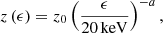 $$ \begin{aligned} z\left(\epsilon \right)=z_0\left(\frac{\epsilon }{20\,\mathrm {keV}}\right)^{-a} , \end{aligned} $$
