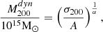$$ \begin{aligned} \frac{M_{200}^{dyn}}{10^{15}{\mathrm{M} }_\odot } = \left(\frac{\sigma _{200}}{A}\right)^\frac{1}{\alpha }, \end{aligned} $$