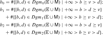 $$ \begin{aligned} {b}_{0}&= \# \{[b,d) \in Dgm_0({\mathbb{E} } \cup \mathsf M ) \mid +\infty > b \ge \nu > d \} ; \\ {b}_{1}&= \# \{[b,d) \in Dgm_0({\mathbb{E} } \cup \mathsf M ) \mid +\infty = b > d \ge \nu \} \nonumber \\&+ \# \{[b,d) \in Dgm_1({\mathbb{E} } \cup \mathsf M ) \mid +\infty > b \ge \nu > d \} ;\nonumber \\ {b}_{2}&= \# \{[b,d) \in Dgm_1({\mathbb{E} } \cup \mathsf M ) \mid +\infty = b > d \ge \nu \}\nonumber \\&+ \# \{[b,d) \in Dgm_2({\mathbb{E} } \cup \mathsf M ) \mid +\infty > b \ge \nu > d \} .\nonumber \end{aligned} $$