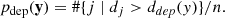 $$ \begin{aligned} p_{\rm dep} (\mathbf y ) = \#\{j \mid d_j > d_{dep}(y) \} / n. \end{aligned} $$