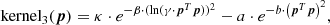 $$ \begin{aligned} \text{ kernel}_{3}( {\boldsymbol{p}}) = \kappa \cdot e^{-\beta \cdot (\ln (\gamma \cdot {\boldsymbol{p}}^T {\boldsymbol{p}}))^2} - a\cdot e^{-b\cdot \left( {\boldsymbol{p}}^T {\boldsymbol{p}} \right)^2} , \end{aligned} $$