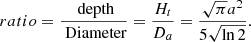 $$ \begin{aligned} ratio = \frac{\text{ depth}}{\text{ Diameter}} = \frac{H_{t}}{D_{a}}= \frac{\sqrt{\pi }a^{2}}{5\sqrt{\ln 2}}. \end{aligned} $$