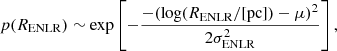 $$ \begin{aligned} p(R_\mathrm{ENLR} ) \sim \exp \left[-\frac{-(\log (R_\mathrm{ENLR} /[\mathrm{pc} ])-\mu )^2}{2\sigma _\mathrm{ENLR} ^2}\right], \end{aligned} $$