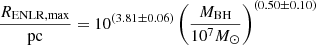 $$ \begin{aligned} \frac{R_\mathrm{ENLR,max} }{{\mathrm{pc} }} = 10^{(3.81\pm 0.06)}\left(\frac{M_\mathrm{BH} }{10^{7}{M}_\odot }\right)^{(0.50\pm 0.10)} \end{aligned} $$