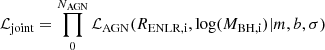 $$ \begin{aligned} \mathcal{L} _\mathrm{joint} = \prod _{0}^{N_\mathrm{AGN} }\mathcal{L} _\mathrm{AGN} (R_\mathrm{ENLR,i} ,\log (M_\mathrm{BH,i} )|m,b,\sigma ) \end{aligned} $$