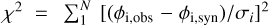 ${\chi ^2} = \sum\nolimits_1^N {{{\left[{{{\left( {{\phi _{{\text{i,obs}}}} - {\phi _{{\text{i,syn}}}}} \right)} \mathord{\left/ {\vphantom {{\left( {{\phi _{{\text{i,obs}}}} - {\phi _{{\text{i,syn}}}}} \right)} {{\sigma _i}}}} \right. \kern-\nulldelimiterspace} {{\sigma _i}}}} \right]}^2}}$