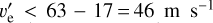 ${v'_{\text{e}}} < 63 - 17 = 46\,{\text{m}}\,{{\text{s}}^{ - 1}}$