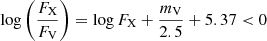 Mathematical equation: $$ \begin{aligned} \log \left(\frac{F_\text{X}}{F_\text{V}}\right)=\log {F_\text{X}}+\frac{m_\text{V}}{2.5}+5.37 < 0 \end{aligned} $$