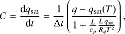 \begin{equation*} C=\frac{\textrm{d}q_{\textrm{sat}}}{\textrm{d}t}=\frac{1}{\Delta t}\left(\frac{q-q_{\textrm{sat}}(T)}{1+\frac{L}{c_p}\frac{L\,q_{\textrm{sat}}}{R_q T^2}}\right),\end{equation*}