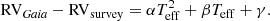 $$ \begin{aligned} \mathrm{RV}_{\textit{Gaia}} - \mathrm{{RV}_{survey}} = \alpha T_{\rm eff}^2 + \beta T_{\rm eff} + \gamma . \end{aligned} $$