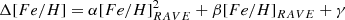 $$ \begin{aligned} \Delta {[Fe/H]} = \alpha [Fe/H]_{RAVE}^2 + \beta [Fe/H]_{RAVE} + \gamma \end{aligned} $$