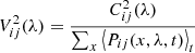 $$ \begin{aligned} V^2_{ij}(\lambda )=\frac{C^2_{ij}(\lambda )}{\sum _x\left<P_{ij}(x,\lambda ,t)\right>_t} \end{aligned} $$