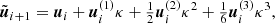 $$ \begin{aligned}&\tilde{{\boldsymbol{u}}}_{i+1} = {\boldsymbol{u}}_i + {\boldsymbol{u}}^{(1)}_i {\kappa }+ \tfrac{1}{2} {\boldsymbol{u}}^{(2)}_i {\kappa }^2 + \tfrac{1}{6} {\boldsymbol{u}}^{(3)}_i {\kappa }^3,\end{aligned} $$