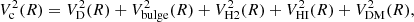 $$ \begin{aligned} V^2_{\rm c}(R) = V^2_{\mathrm{D} }(R) + V^2_{\mathrm{bulge} }(R) + V^2_{\mathrm{H2} }(R) + V^2_{\mathrm{HI} }(R) + V^2_{\mathrm{DM} }(R) , \end{aligned} $$