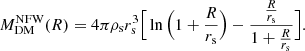 $$ \begin{aligned} M_{\mathrm{DM} }^{\mathrm{NFW} } (R) = 4\pi \rho _{\rm s} r_{\rm s}^3 \Big [\ln \Big (1+\frac{R}{r_{\rm s}} \Big ) - \frac{\frac{R}{r_{\rm s}}}{1+ \frac{R}{r_{\rm s}}} \Big ]. \end{aligned} $$