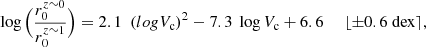 $$ \begin{aligned} \log \Big ( \frac{r_{0}^{z\sim 0}}{r_{0}^{z\sim 1}} \Big ) = 2.1 \ \ (log V_{\rm c})^2 - 7.3 \ \log V_{\rm c} + 6.6 \ \ \ \ \ \lfloor {\pm 0.6 \ \mathrm{dex} } \rceil , \end{aligned} $$