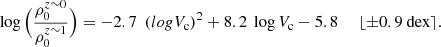$$ \begin{aligned} \log \Big ( \frac{\rho _{0}^{z\sim 0}}{\rho _{0}^{z\sim 1}} \Big ) = -2.7 \ \ (log V_{\rm c})^2 + 8.2 \ \log V_{\rm c} -5.8 \ \ \ \ \ \lfloor {\pm 0.9 \ \mathrm{dex} } \rceil . \end{aligned} $$