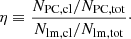 $$ \begin{aligned} \eta \equiv \frac{N_{\rm PC,cl}/N_{\rm PC,tot}}{N_{\rm lm,cl}/N_{\rm lm,tot}}\cdot \end{aligned} $$