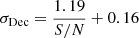 $ \sigma_{\mathrm{Dec}} = \frac{1.19}{S/N} + 0.16 $
