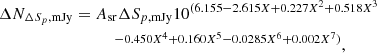 $$ \begin{aligned}&\Delta N_{\Delta {S_p,\mathrm{mJy}}} = A_{\rm sr}\Delta S_{p,\mathrm{mJy}} 10^{(6.155 - 2.615 X + 0.227 X^2 + 0.518 X^3} \nonumber \\&\qquad \qquad \qquad \qquad \quad ^{ - 0.450 X^4 + 0.160 X^5 - 0.0285 X^6 + 0.002 X^7)}, \end{aligned} $$