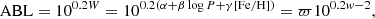 $$ \begin{aligned} \mathrm{ABL}=10^{0.2 W}=10^{0.2(\alpha +\beta \log P +\gamma \mathrm{[Fe/H]})}=\varpi 10^{0.2{ w}-2} , \end{aligned} $$