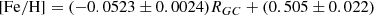 $$ \begin{aligned} \mathrm{[Fe/H]}&=(-0.0523\pm 0.0024) R_{GC}+(0.505\pm 0.022) \end{aligned} $$