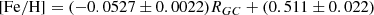 $$ \begin{aligned} \mathrm{[Fe/H]}&=(-0.0527\pm 0.0022) R_{GC}+(0.511\pm 0.022) \end{aligned} $$
