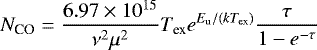\begin{equation*} N_{\textrm{CO}} = \frac{6.97\times 10^{15}}{\nu^2 \mu^2} T_{\textrm{ex}}e^{E_{\textrm{u}}/(kT_{\textrm{ex}})} \frac{\tau}{1-e^{-\tau}} \end{equation*}