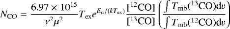 \begin{equation*} N_{\textrm{CO}} = \frac{6.97\times 10^{15}}{\nu^2 \mu^2} T_{\textrm{ex}}e^{E_{\textrm{u}}/(kT_{\textrm{ex}})} \frac{[^{12}\textrm{CO}]}{[^{13}\textrm{CO}]}\left(\frac{\int T_{\textrm{mb}}(^{13}\textrm{CO})\textrm{d}{v}}{\int T_{\textrm{mb}}(^{12}\textrm{CO})\textrm{d}{v}}\right) \end{equation*}
