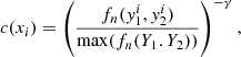 $$ \begin{aligned} c(x_i)=\left(\frac{f_n({ y}_1^i,{ y}_2^i)}{\mathrm{max}(f_n(Y_1.Y_2))}\right)^{-\gamma }, \end{aligned} $$