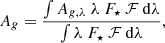 $$ \begin{aligned} A_g = \frac{\int A_{g,\lambda } \ \lambda \ F_\star \ \mathcal{F} \ \mathrm{d}\lambda }{\int \lambda \ F_\star \ \mathcal{F} \ \mathrm{d}\lambda }, \end{aligned} $$