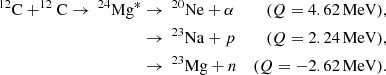 $$ \begin{aligned} ^{12}\mathrm{C} + ^{12}\mathrm{C} \rightarrow \, ^{24}\mathrm{Mg}^{*}&\rightarrow \, ^{20}\mathrm{Ne} + \alpha&(Q = 4.62\,\mathrm{MeV}),\nonumber \\&\rightarrow \, ^{23}\mathrm{Na} + p&(Q = 2.24\,\mathrm{MeV}),\nonumber \\&\rightarrow \, ^{23}\mathrm{Mg} + n&(Q = -2.62\,\mathrm{MeV}). \end{aligned} $$