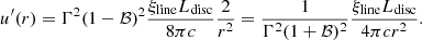 $$ \begin{aligned} u^{\prime }(r) = \Gamma ^2 (1 - \mathcal{B} )^2 \frac{\xi _{\rm line} L_{\rm disc}}{8 \pi c} \frac{2}{r^2} = \frac{1}{\Gamma ^2 (1 + \mathcal{B} )^2} \frac{\xi _{\rm line} L_{\rm disc}}{4 \pi c r^2}. \end{aligned} $$