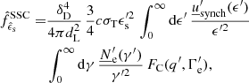 $$ \begin{aligned} \begin{aligned} {\hat{f}}_{\hat{\epsilon }_{\rm s}}^\mathrm{SSC} =&\frac{\delta _{\rm D}^4}{4 \pi d_{\rm L}^2} \, \frac{3}{4} c \sigma _{\rm T} \epsilon ^{{\prime }2}_{\rm s} \, \int _0^\infty \mathrm{d}\epsilon ^{\prime } \, \frac{{\underline{u}}^{\prime }_{\rm synch}(\epsilon ^{\prime })}{\epsilon ^{{\prime }2}} \\&\int _0^\infty \mathrm{d}\gamma \, \frac{\underline{N}^\prime _{\rm e}(\gamma ^{\prime })}{\gamma ^{{\prime }2}} \, F_{\rm C}(q^{\prime }, \Gamma ^{\prime }_{\rm e}), \end{aligned} \end{aligned} $$