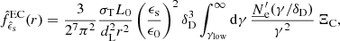 $$ \begin{aligned} \hat{f}_{\hat{\epsilon }_{\rm s}}^\mathrm{EC}(r) = \frac{3}{2^7 \pi ^2} \frac{\sigma _{\rm T} L_0}{d_{\rm L}^2 r^2} \left( \frac{\epsilon _{\rm s}}{\epsilon _0} \right)^2 \delta _{\rm D}^3 \int _{\gamma _{\rm low}}^{\infty } \mathrm{d}\gamma \, \frac{\underline{N}^\prime _{\rm e}(\gamma / \delta _{\rm D})}{\gamma ^2}\,\Xi _{\rm C}, \end{aligned} $$
